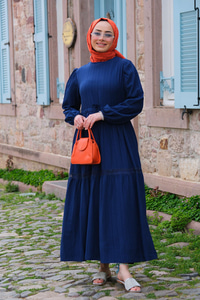 BEL BAGLAMALI DANTEL DETAY ELBISE  Lacivert