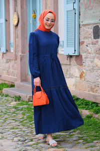 BEL BAGLAMALI DANTEL DETAY ELBISE  Lacivert