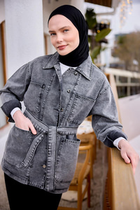 Bel Bağlamalı Denim Kot Ceket Antrasit