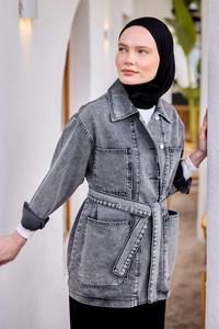 Bel Bağlamalı Denim Kot Ceket Antrasit