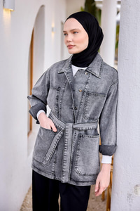 Bel Bağlamalı Denim Kot Ceket Antrasit