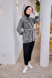 Bel Bağlamalı Denim Kot Ceket Antrasit