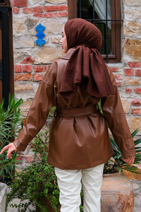 Bel Bağlamalı Deri Ceket Taba