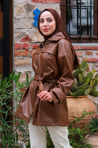 Bel Bağlamalı Deri Ceket Taba