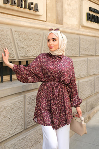 Bel Bağlamalı Desenli Gömlek Bordo