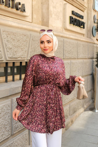 Bel Bağlamalı Desenli Gömlek Bordo