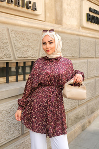 Bel Bağlamalı Desenli Gömlek Bordo