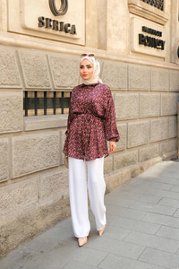 Bel Bağlamalı Desenli Gömlek Bordo