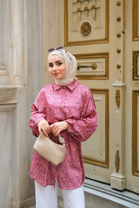 Bel Bağlamalı Desenli Gömlek Fuşya