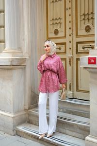 Bel Bağlamalı Desenli Gömlek Fuşya