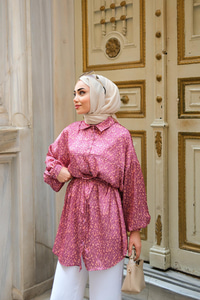 Bel Bağlamalı Desenli Gömlek Fuşya