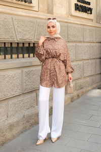 Bel Bağlamalı Desenli Gömlek Kahverengi