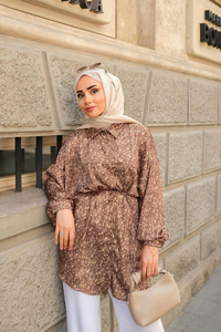 Bel Bağlamalı Desenli Gömlek Kahverengi