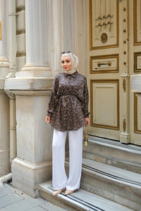 Bel Bağlamalı Desenli Gömlek Siyah