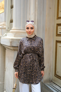 Bel Bağlamalı Desenli Gömlek Siyah