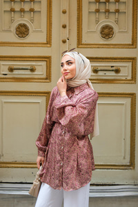 Bel Bağlamalı Desenli Gömlek Vizon