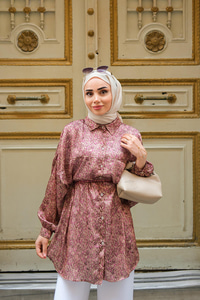 Bel Bağlamalı Desenli Gömlek Vizon