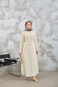 Bel Bağlamalı  Elbise Ekru