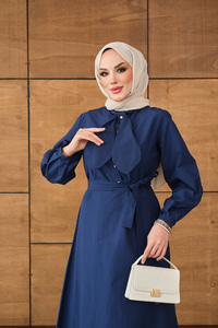 Bel Bağlamalı Elbise Lacivert