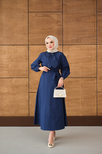 Bel Bağlamalı Elbise Lacivert