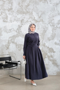 Bel Bağlamalı  Elbise Lacivert