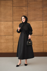 Bel Bağlamalı Elbise Siyah