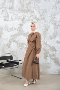 Bel Bağlamalı Elbise Vizon