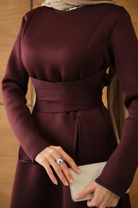 Bel Bağlamalı Etekli Takım Bordo