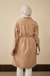 Bel Bağlamalı Gizli Düğmeli Uzun Gömlek Vizon