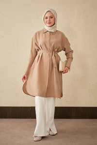 Bel Bağlamalı Gizli Düğmeli Uzun Gömlek Vizon