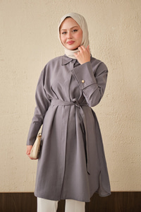 Bel Bağlamalı Gizli Düğmeli Uzun Gömlek Gri