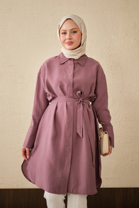 Bel Bağlamalı Gizli Düğmeli Uzun Gömlek Mürdüm