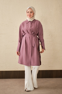 Bel Bağlamalı Gizli Düğmeli Uzun Gömlek Mürdüm