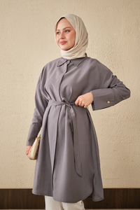 Bel Bağlamalı Gizli Düğmeli Uzun Gömlek Gri