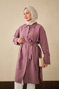 Bel Bağlamalı Gizli Düğmeli Uzun Gömlek Mürdüm