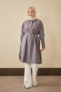 Bel Bağlamalı Gizli Düğmeli Uzun Gömlek Gri