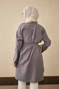 Bel Bağlamalı Gizli Düğmeli Uzun Gömlek Gri