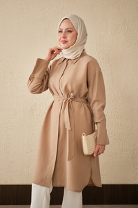 Bel Bağlamalı Gizli Düğmeli Uzun Gömlek Vizon