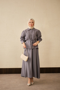 Bel Bağlamalı Gömlek Takım Gri