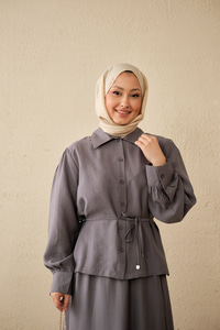 Bel Bağlamalı Gömlek Takım Gri