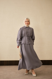 Bel Bağlamalı Gömlek Takım Gri