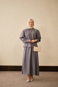 Bel Bağlamalı Gömlek Takım Gri
