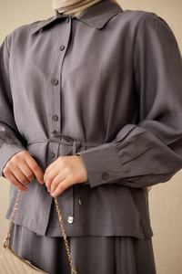 Bel Bağlamalı Gömlek Takım Gri