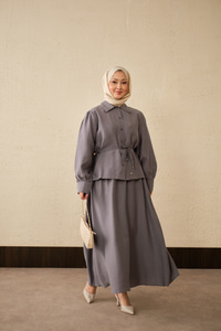 Bel Bağlamalı Gömlek Takım Gri