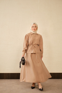 Bel Bağlamalı Gömlek Takım Vizon