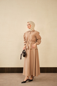 Bel Bağlamalı Gömlek Takım Vizon