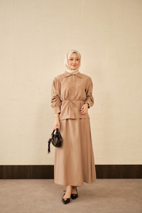 Bel Bağlamalı Gömlek Takım Vizon