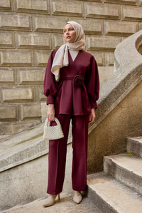 Bel Bağlamalı Gül Detay İkili Takım Mürdüm