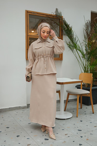 Bel Bağlamalı İkili Takım Bej