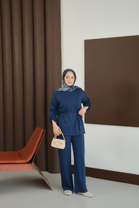 Bel Bağlamalı İkili Takım Saks Mavi